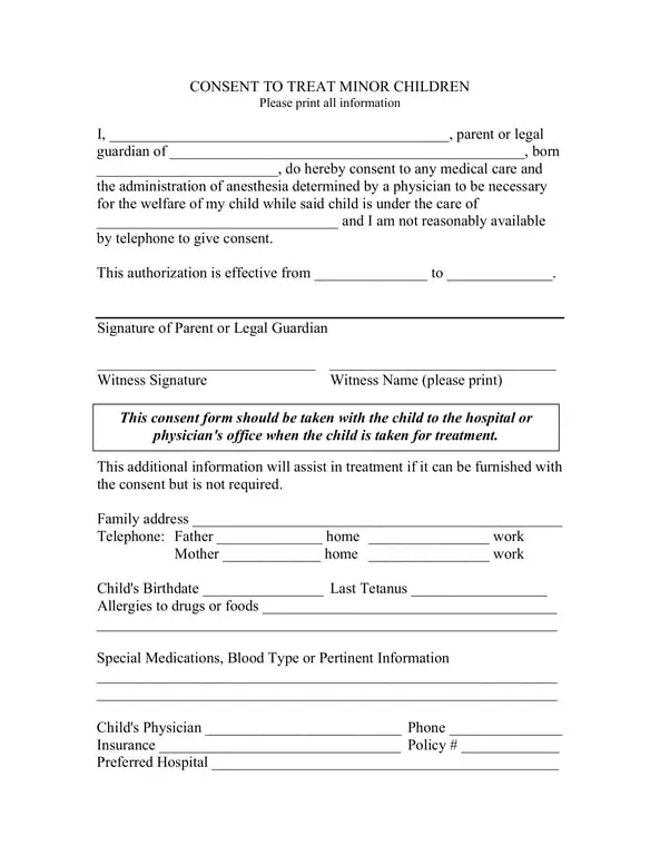 Child Medical Consent for Treatment and Anesthesia Authorization
