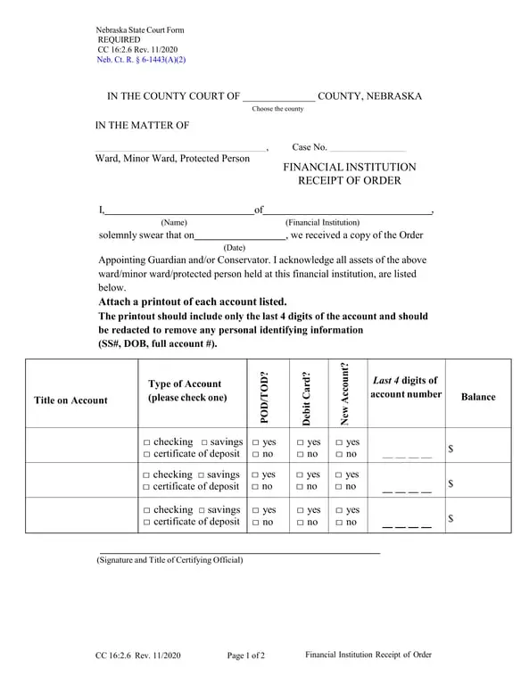 Nebraska Financial Institution Receipt of Order Acknowledgment and Account Details