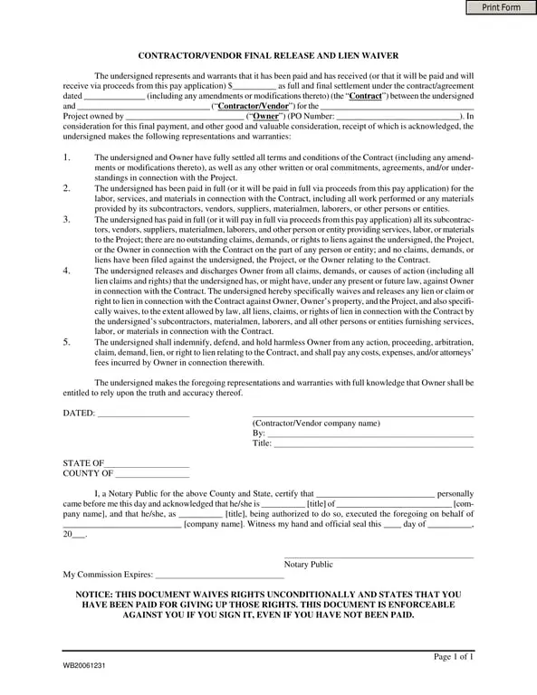 Final Settlement and Lien Waiver for Contractors and Vendors