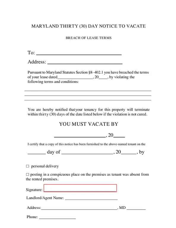 Maryland 30 Day Notice to Vacate under Section §8–402.1