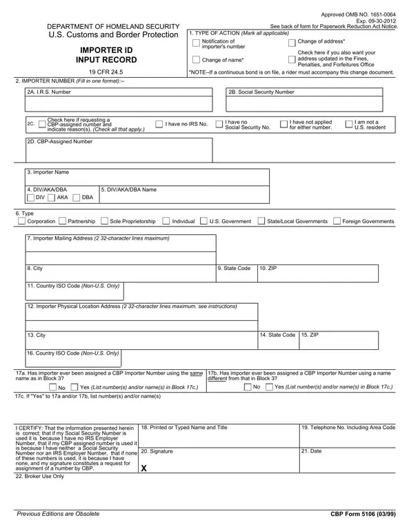 US Importer ID Input Record - CBP 5106
