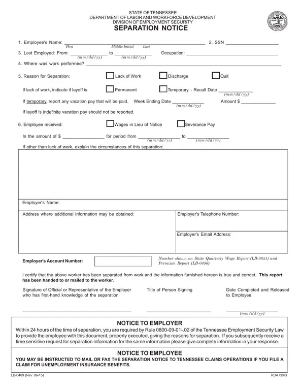 Tennessee Separation Notice Details