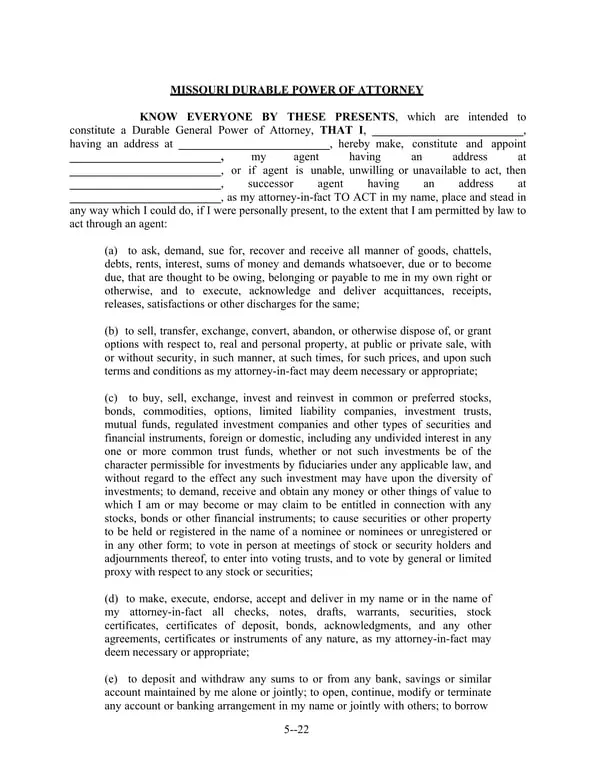 Missouri Durable Power of Attorney Legal Authorization Document