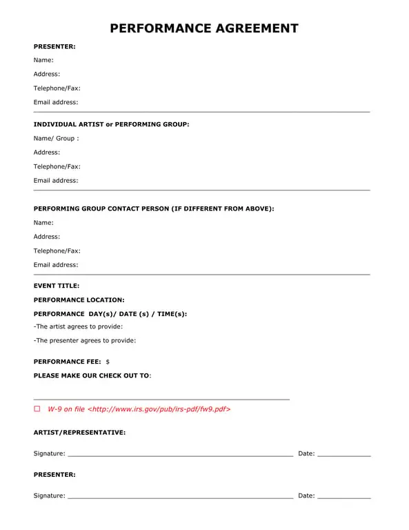 Individual Artist Performance Agreement - Contractual Details and W-9 Submission