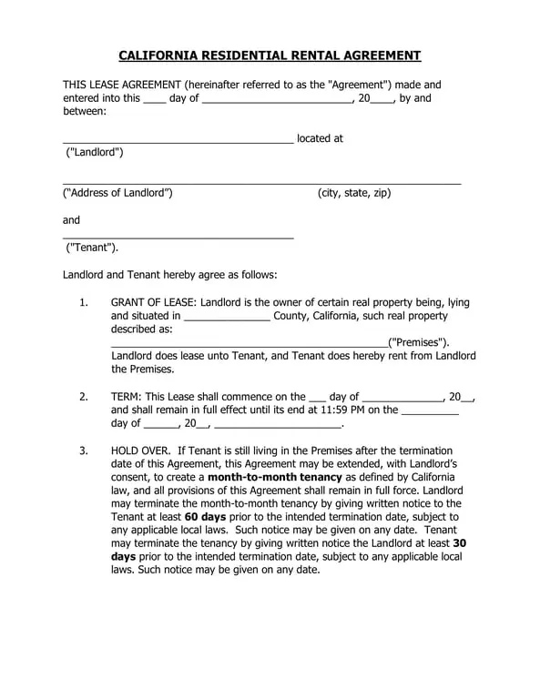 California Residential Lease Agreement Outline