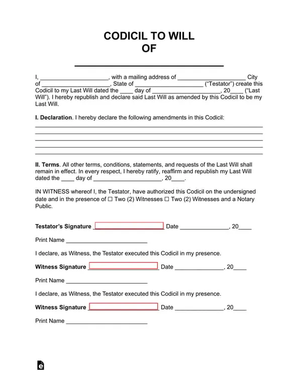 Codicil to Will - Official Amendment Document for Last Will Changes