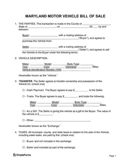 Maryland Vehicle Transaction Record form preview