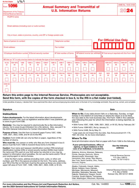 1096 – Annual Summary and Transmittal of U.S. Information Returns