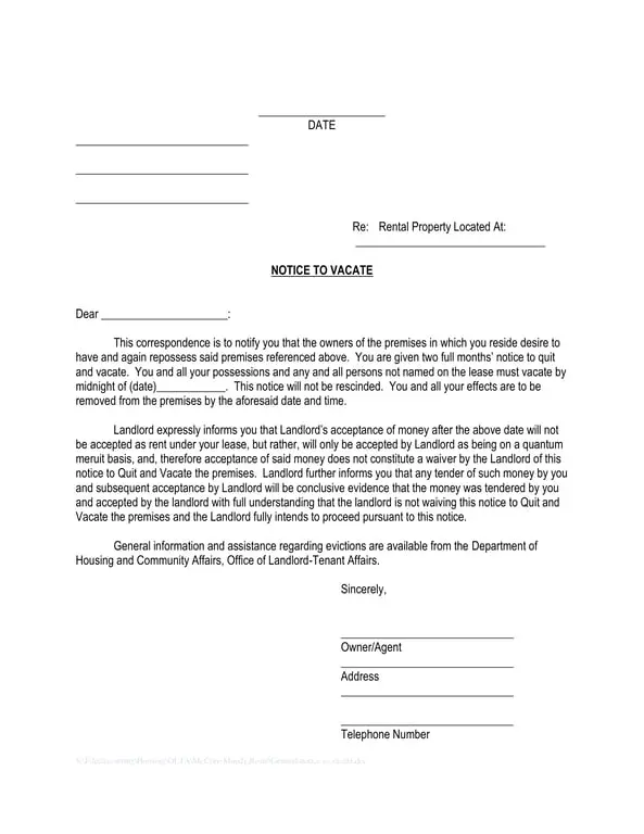 Landlord's Irrevocable Two-Month Notice to Vacate Premises