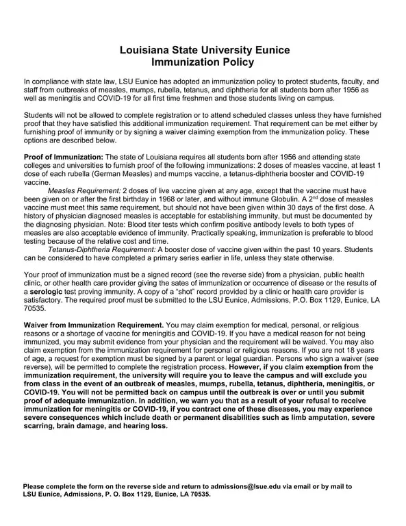 Louisiana State University Eunice Immunization Record Requirement