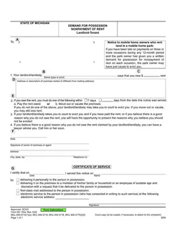 Michigan DC 100a Official Demand for Possession Due to Nonpayment of Rent form preview