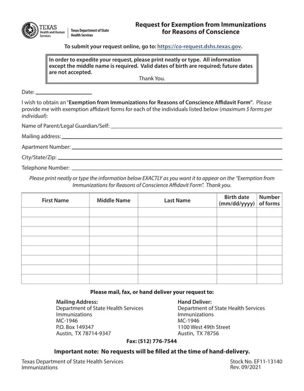 Vaccination Exemption Request Affidavit - Department of State Health Services