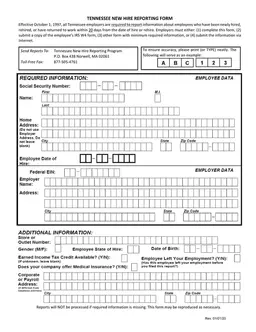 Tennessee New Hire Reporting - All Employer Requirements form preview