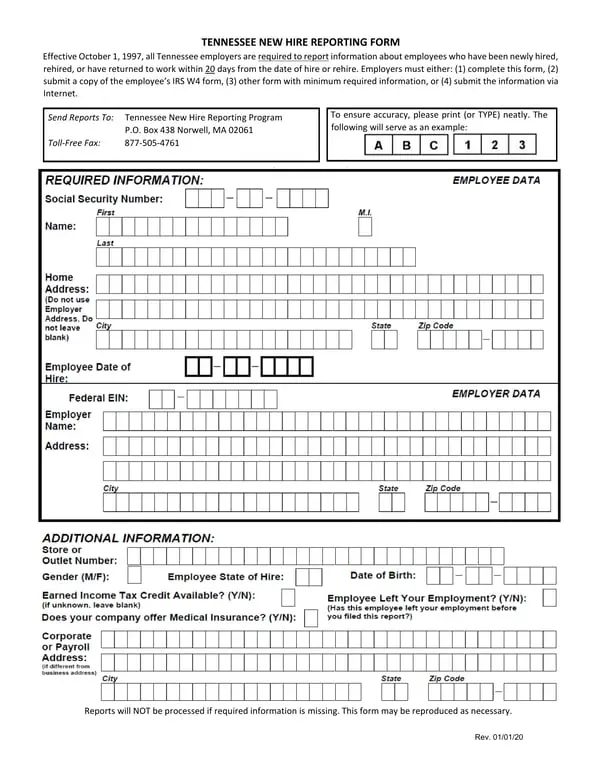 Tennessee New Hire Reporting - All Employer Requirements
