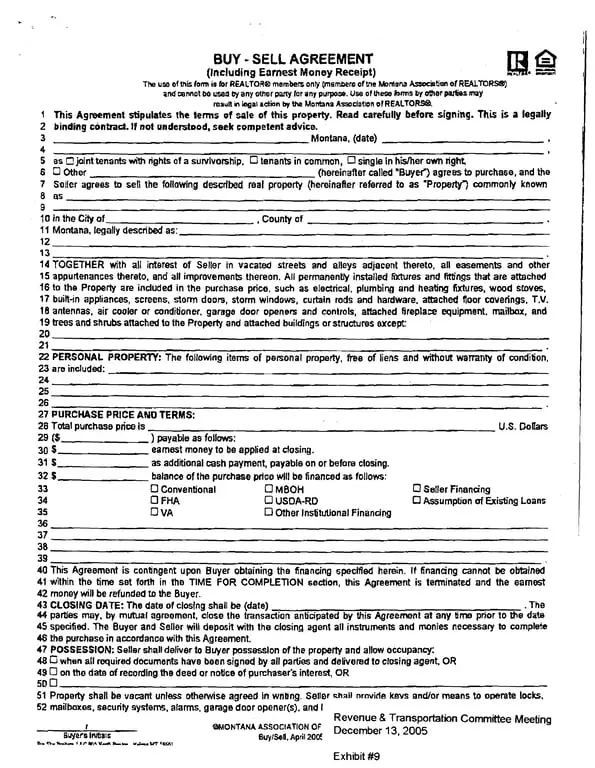 Montana Realtors Property Buy-Sell Agreement and Earnest Money Receipt