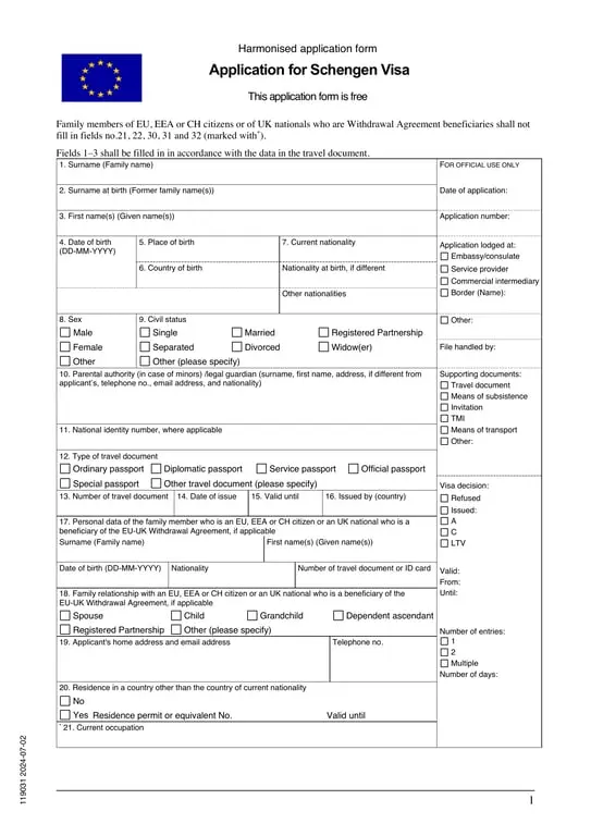 Editable PDF Schengen Visa Application - Harmonised Travel Document for the Schengen Area