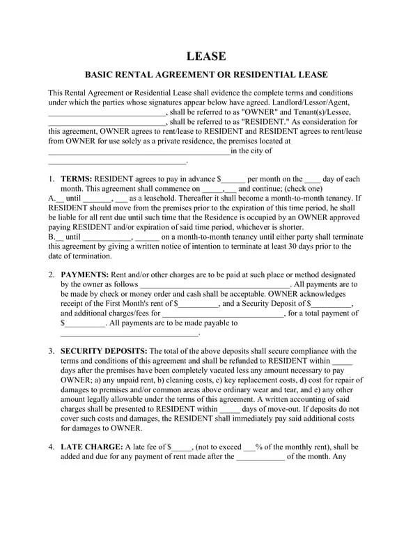 Basic Residential Lease Agreement Details and Conditions