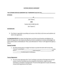 Catering Services Agreement between Client and Porches Café form preview