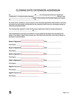 Closing Date Extension Addendum - Official Extension of Purchase Agreement Terms form preview