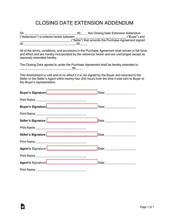 Closing Date Extension Addendum - Official Extension of Purchase Agreement Terms