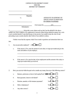 Vermont In Forma Pauperis Support Affidavit for Impoverished Plaintiffs form preview