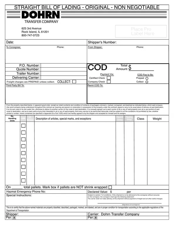 Illinois Non-Negotiable Original Straight Bill of Lading Overview