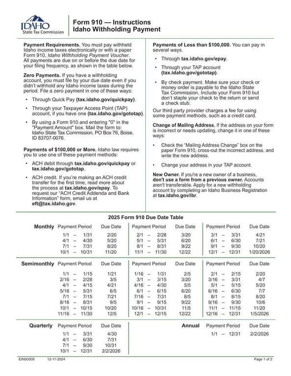 Idaho Taxpayers Form 910 - Submit Withheld Income Taxes and Maintain Withholding Account