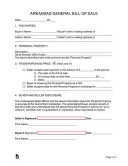 Arkansas Vehicle Sale Details Record - Bill of Sale form preview