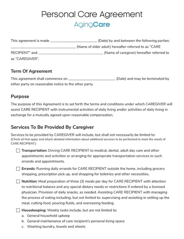 Personal Care Agreement for Elderly - Terms and Responsibilities of Caregiver
