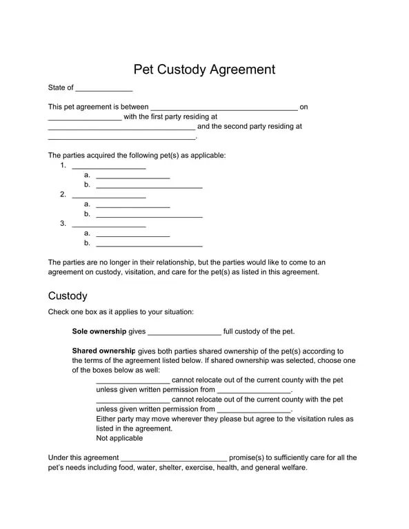 Pet Custody Agreement - Establishing Ownership and Care Responsibilities for Shared Pets