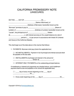 California Unsecured Promissory Note Template - Detailed Repayment Terms form preview