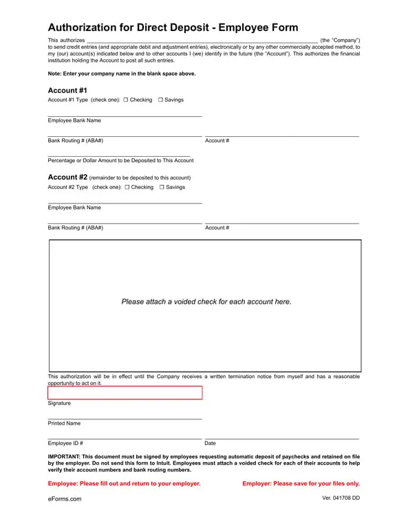 Employee Direct Deposit Authorization - Account and Payment Details