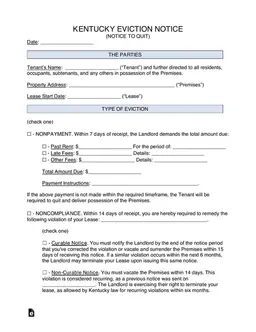Kentucky Notice to Quit - Nonpayment or Noncompliance Evictions form preview