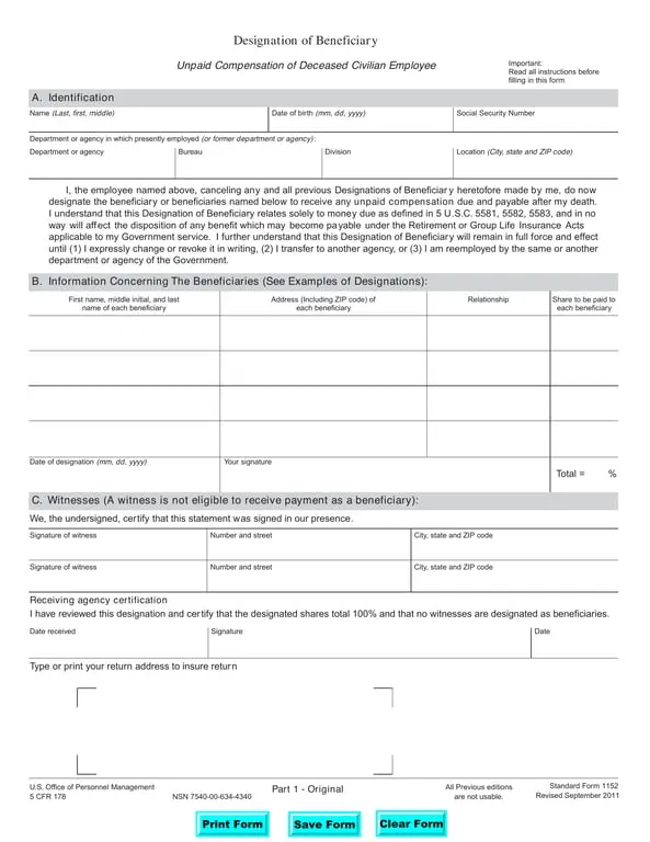 Designation of Beneficiary for Unreceived Compensation SF 1152