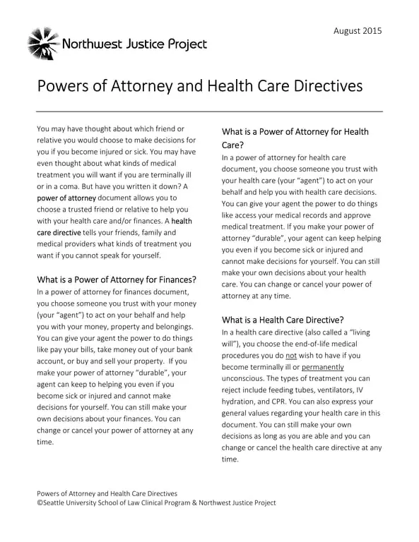 Medical and Financial Power of Attorney Health Care Directives
