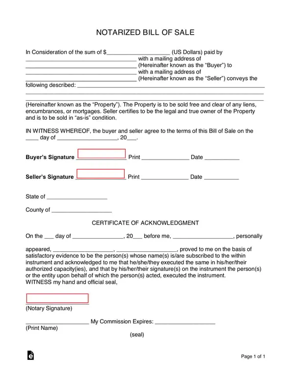 Notarized Bill of Sale Agreement for Property Transactions