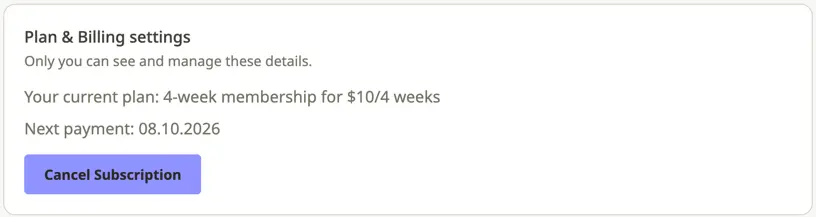 Plan & Billing settings with the ‘Cancel Subscription’ button